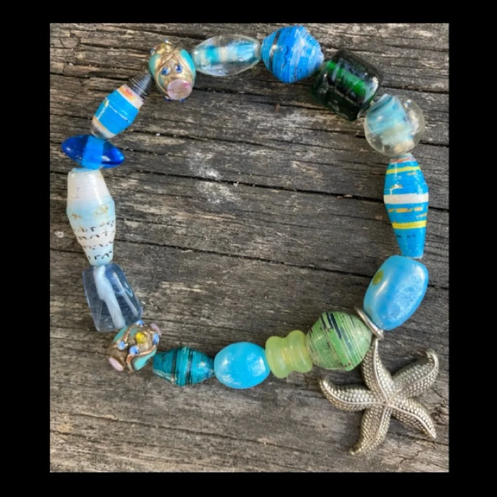 STARFISH BRACELET Stretch Silver Blue Green Beads